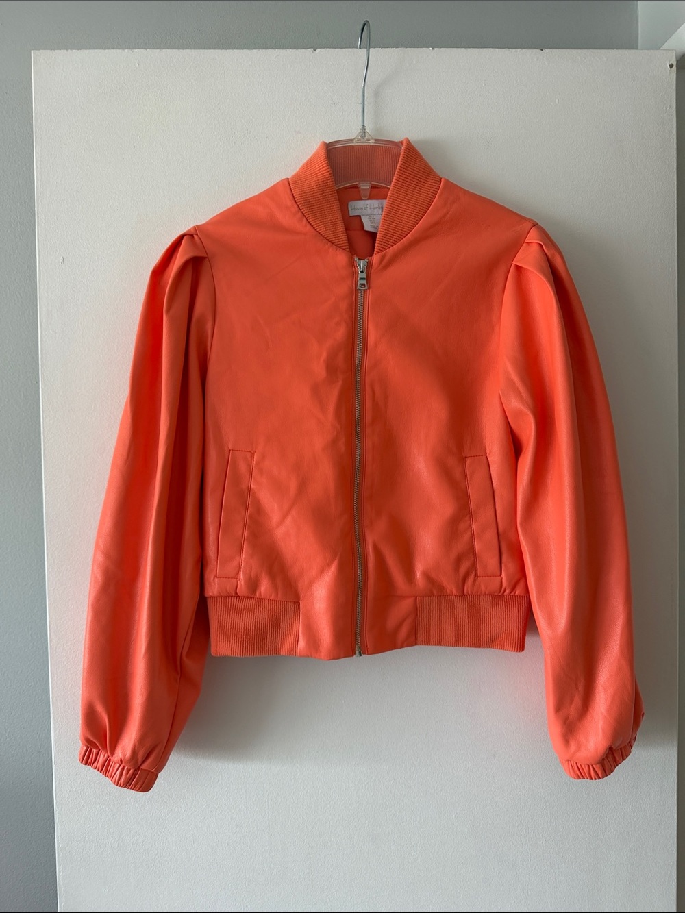Bold Bomber Jacket Orange Faux Leather Puff Sleeve - House of Harlow 1960 Size S